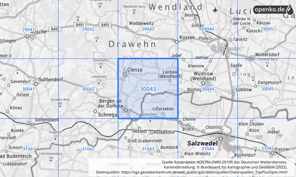 Übersichtskarte KOSTRA-DWD-2010R Rasterfeld Nr. 30043 mit angrenzenden Feldern