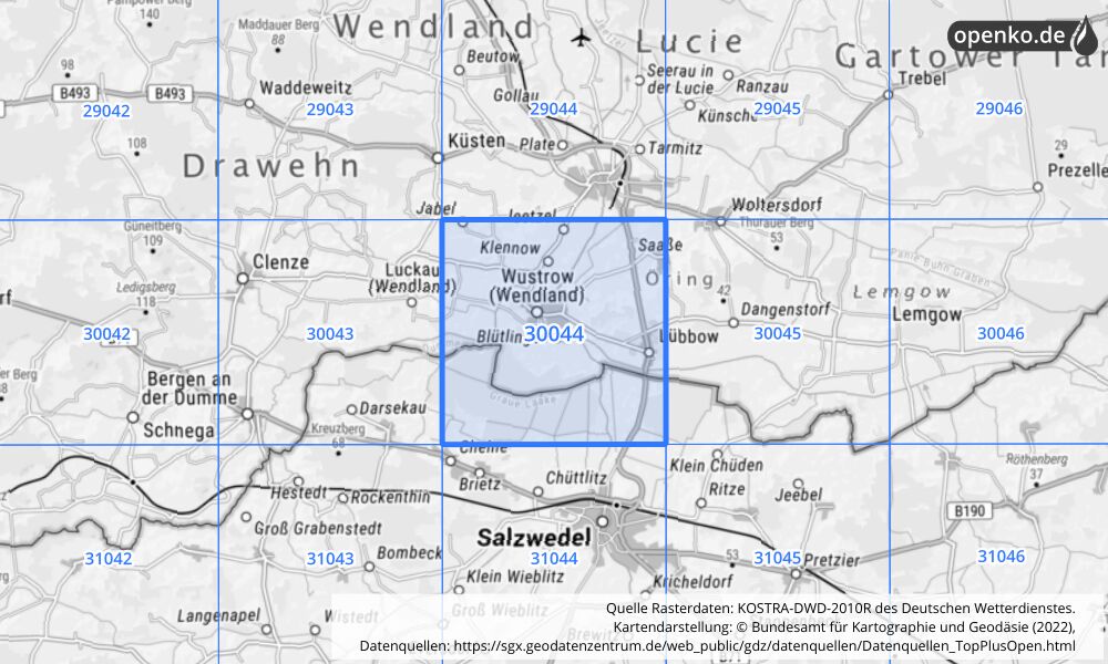 Übersichtskarte KOSTRA-DWD-2010R Rasterfeld Nr. 30044 mit angrenzenden Feldern