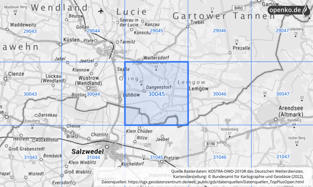 Übersichtskarte KOSTRA-DWD-2010R Rasterfeld Nr. 30045 mit angrenzenden Feldern