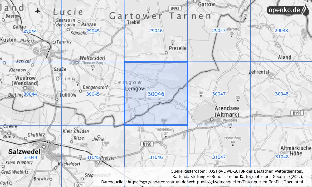 Übersichtskarte KOSTRA-DWD-2010R Rasterfeld Nr. 30046 mit angrenzenden Feldern