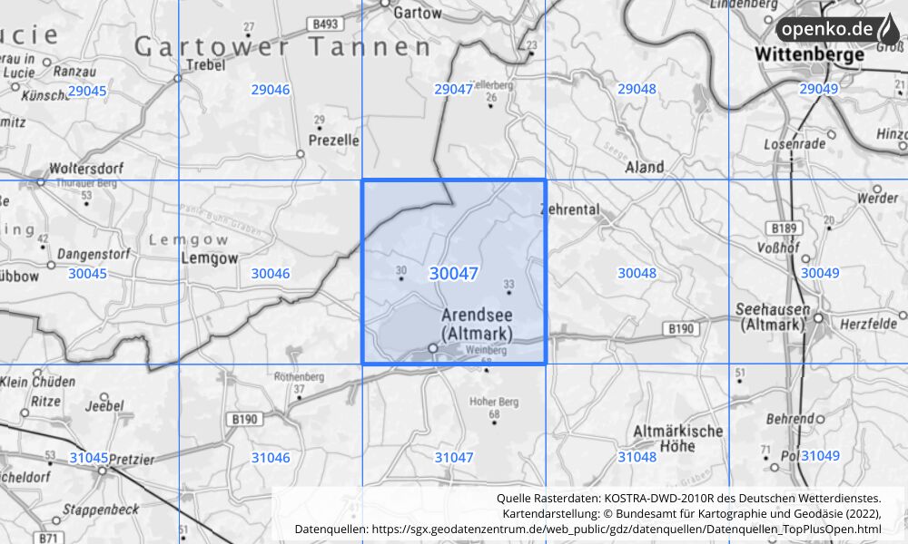 Übersichtskarte KOSTRA-DWD-2010R Rasterfeld Nr. 30047 mit angrenzenden Feldern