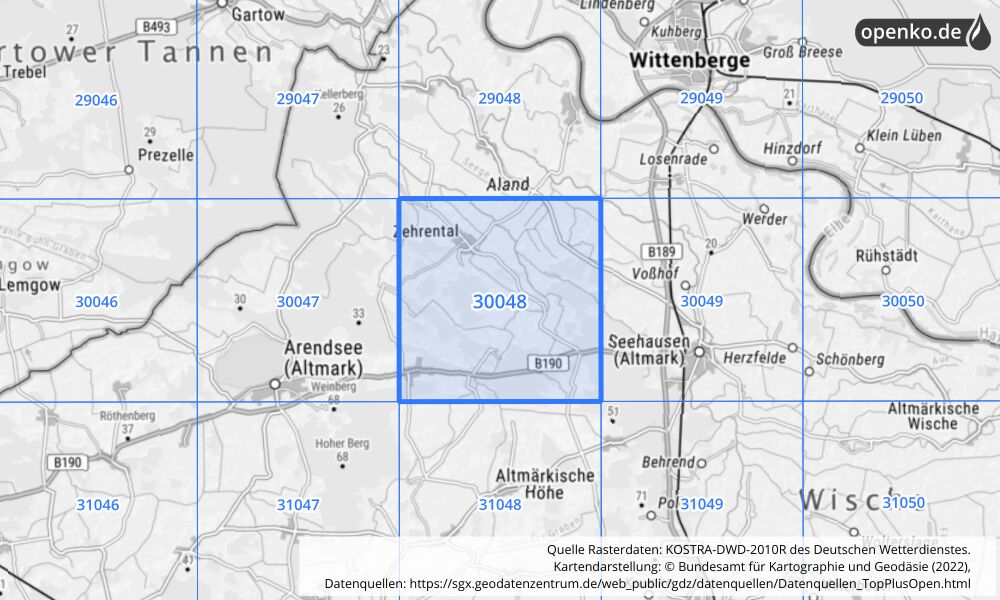 Übersichtskarte KOSTRA-DWD-2010R Rasterfeld Nr. 30048 mit angrenzenden Feldern