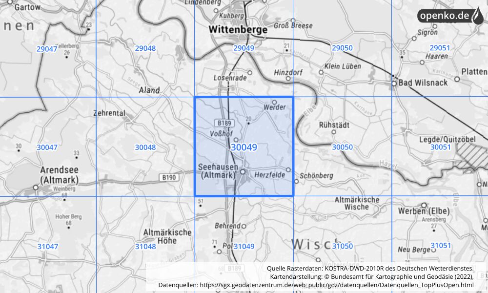 Übersichtskarte KOSTRA-DWD-2010R Rasterfeld Nr. 30049 mit angrenzenden Feldern