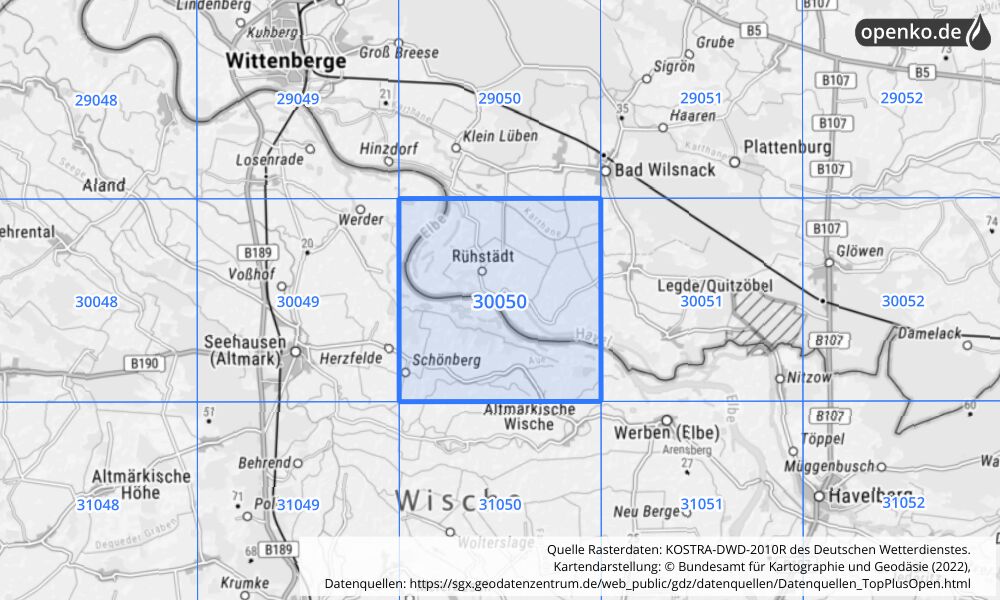 Übersichtskarte KOSTRA-DWD-2010R Rasterfeld Nr. 30050 mit angrenzenden Feldern