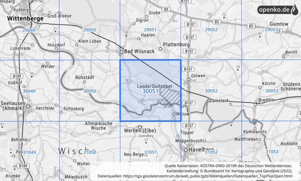 Übersichtskarte KOSTRA-DWD-2010R Rasterfeld Nr. 30051 mit angrenzenden Feldern