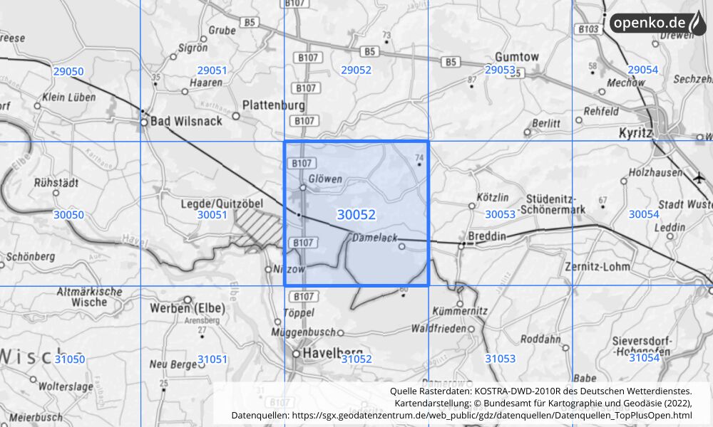 Übersichtskarte KOSTRA-DWD-2010R Rasterfeld Nr. 30052 mit angrenzenden Feldern