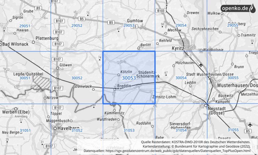 Übersichtskarte KOSTRA-DWD-2010R Rasterfeld Nr. 30053 mit angrenzenden Feldern