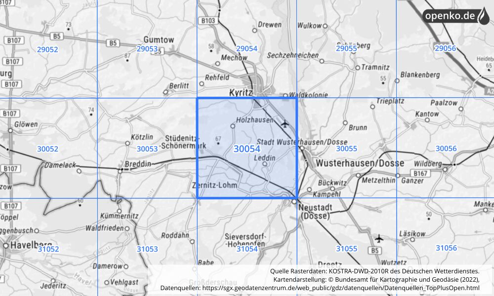 Übersichtskarte KOSTRA-DWD-2010R Rasterfeld Nr. 30054 mit angrenzenden Feldern