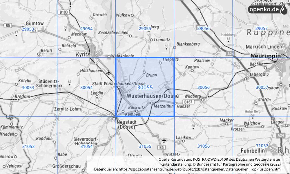 Übersichtskarte KOSTRA-DWD-2010R Rasterfeld Nr. 30055 mit angrenzenden Feldern