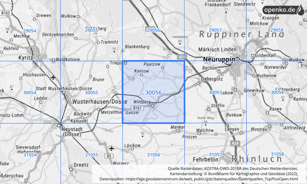 Übersichtskarte KOSTRA-DWD-2010R Rasterfeld Nr. 30056 mit angrenzenden Feldern