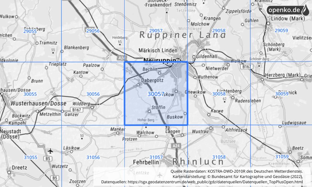 Übersichtskarte KOSTRA-DWD-2010R Rasterfeld Nr. 30057 mit angrenzenden Feldern