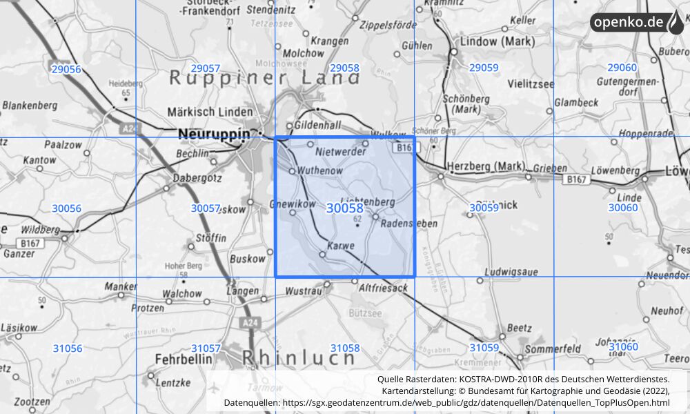 Übersichtskarte KOSTRA-DWD-2010R Rasterfeld Nr. 30058 mit angrenzenden Feldern