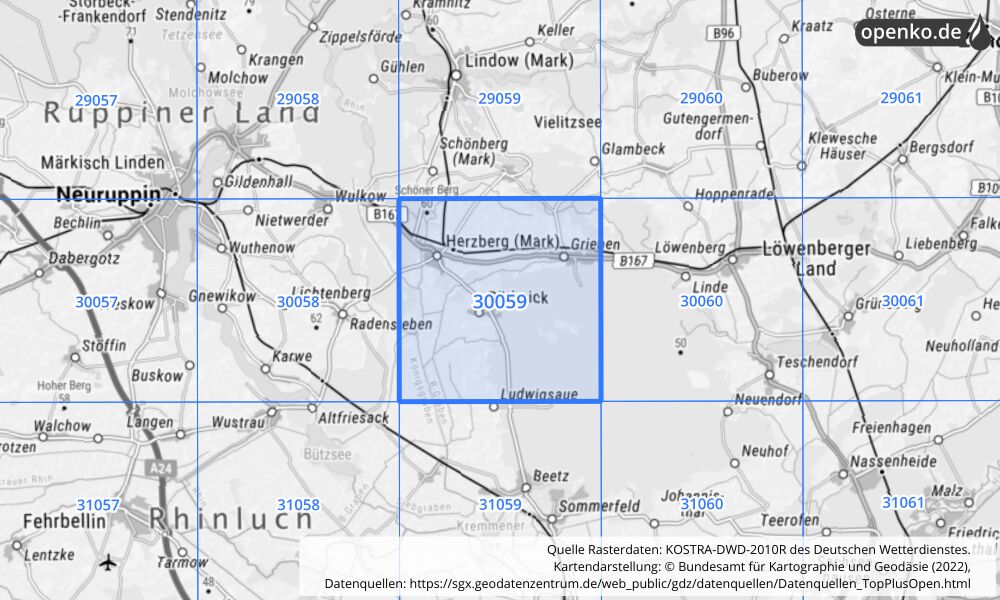 Übersichtskarte KOSTRA-DWD-2010R Rasterfeld Nr. 30059 mit angrenzenden Feldern