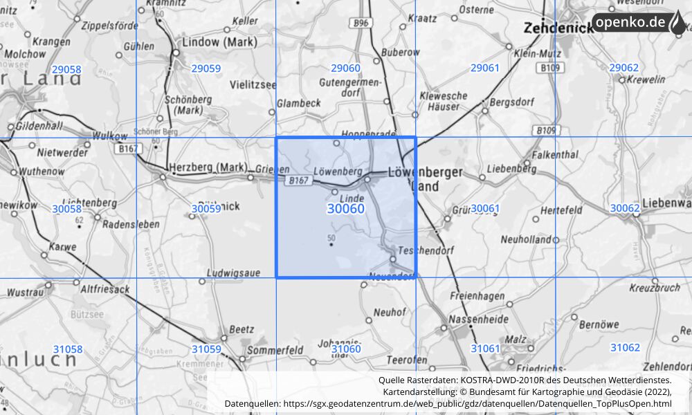 Übersichtskarte KOSTRA-DWD-2010R Rasterfeld Nr. 30060 mit angrenzenden Feldern