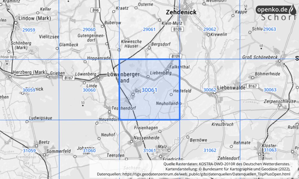 Übersichtskarte KOSTRA-DWD-2010R Rasterfeld Nr. 30061 mit angrenzenden Feldern