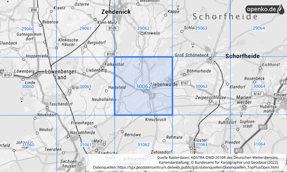 Übersichtskarte KOSTRA-DWD-2010R Rasterfeld Nr. 30062 mit angrenzenden Feldern