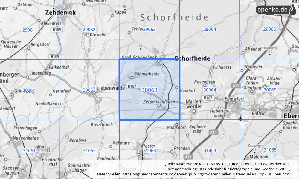 Übersichtskarte KOSTRA-DWD-2010R Rasterfeld Nr. 30063 mit angrenzenden Feldern