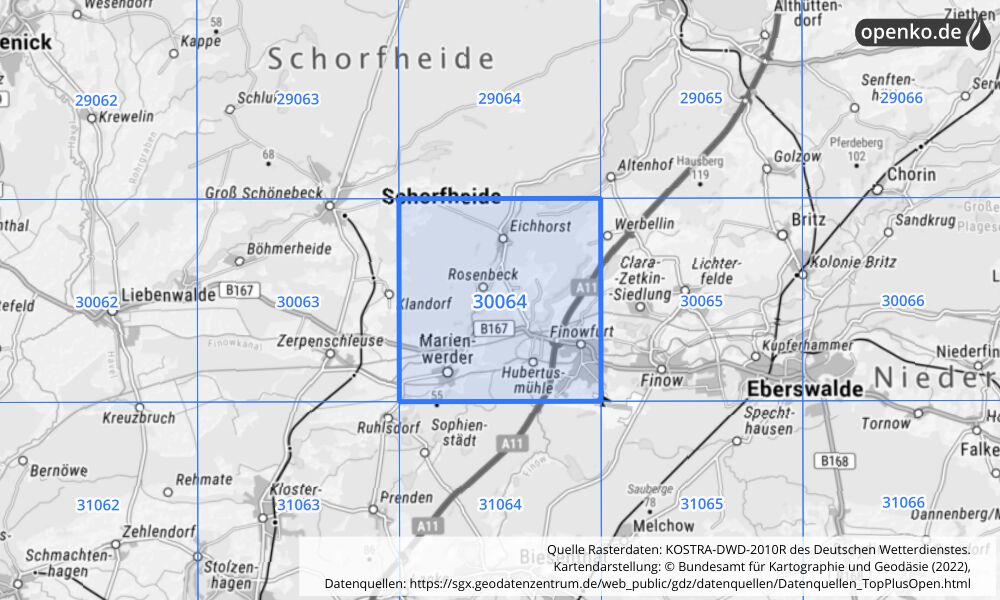 Übersichtskarte KOSTRA-DWD-2010R Rasterfeld Nr. 30064 mit angrenzenden Feldern