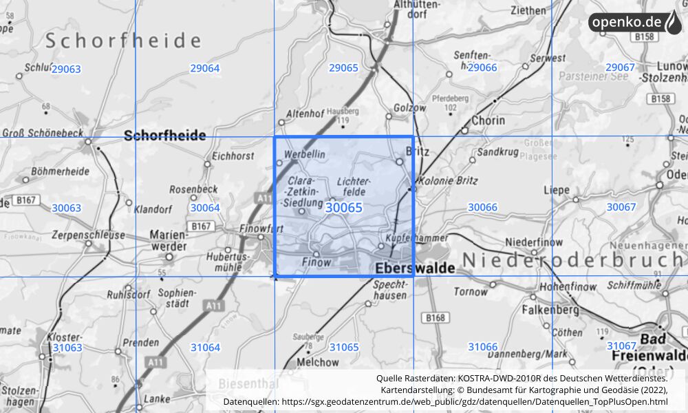 Übersichtskarte KOSTRA-DWD-2010R Rasterfeld Nr. 30065 mit angrenzenden Feldern