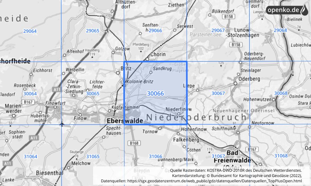 Übersichtskarte KOSTRA-DWD-2010R Rasterfeld Nr. 30066 mit angrenzenden Feldern