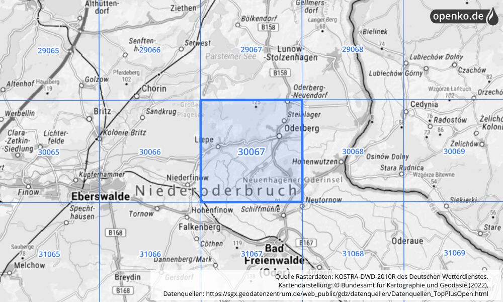 Übersichtskarte KOSTRA-DWD-2010R Rasterfeld Nr. 30067 mit angrenzenden Feldern