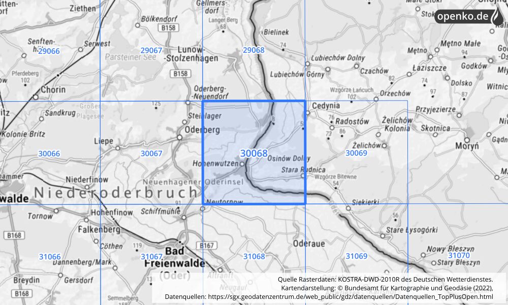 Übersichtskarte KOSTRA-DWD-2010R Rasterfeld Nr. 30068 mit angrenzenden Feldern