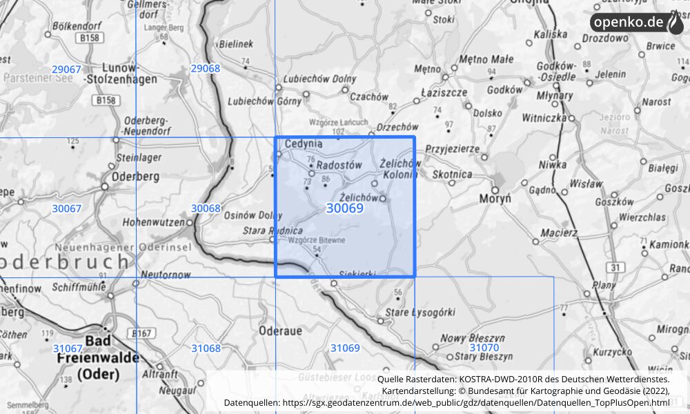 Übersichtskarte KOSTRA-DWD-2010R Rasterfeld Nr. 30069 mit angrenzenden Feldern
