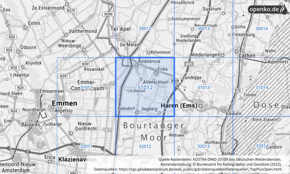 Übersichtskarte KOSTRA-DWD-2010R Rasterfeld Nr. 31012 mit angrenzenden Feldern