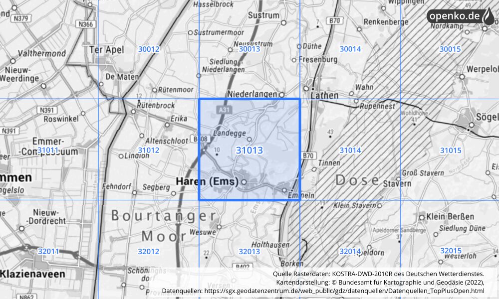 Übersichtskarte KOSTRA-DWD-2010R Rasterfeld Nr. 31013 mit angrenzenden Feldern