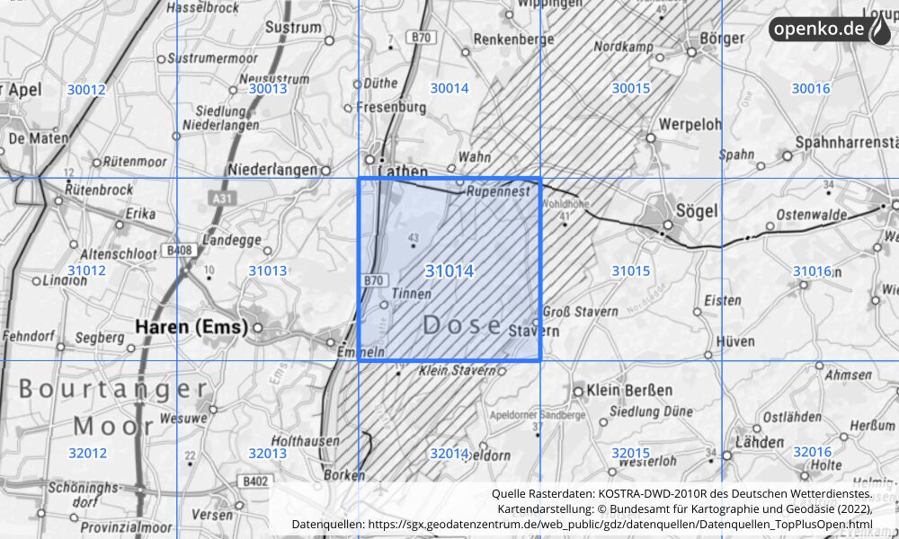 Übersichtskarte KOSTRA-DWD-2010R Rasterfeld Nr. 31014 mit angrenzenden Feldern