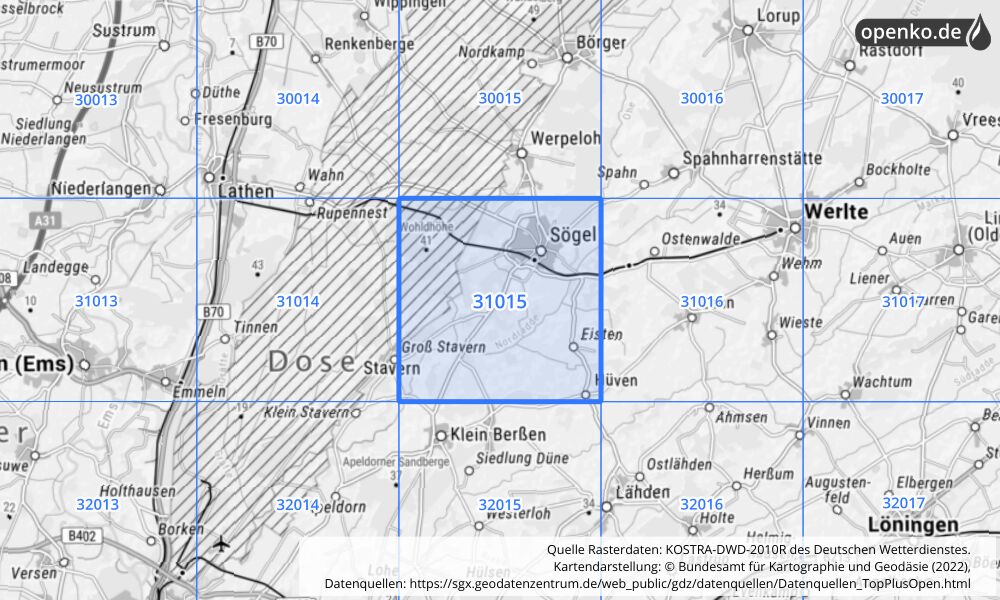 Übersichtskarte KOSTRA-DWD-2010R Rasterfeld Nr. 31015 mit angrenzenden Feldern