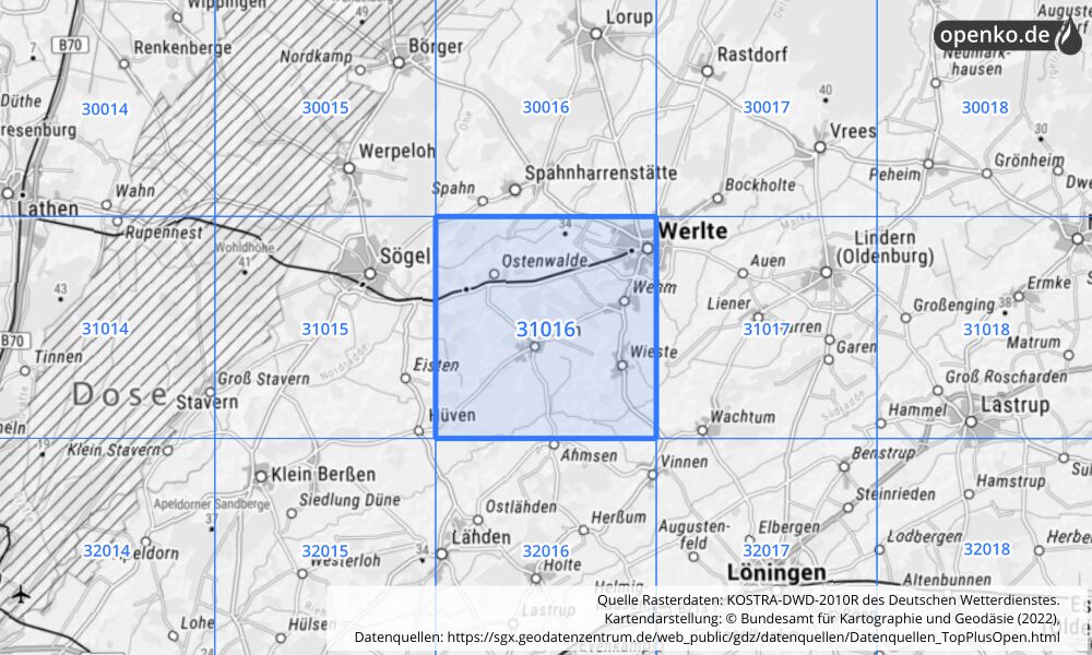 Übersichtskarte KOSTRA-DWD-2010R Rasterfeld Nr. 31016 mit angrenzenden Feldern