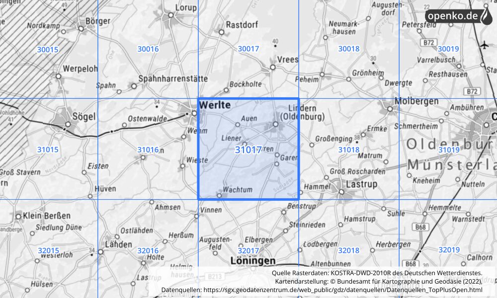 Übersichtskarte KOSTRA-DWD-2010R Rasterfeld Nr. 31017 mit angrenzenden Feldern