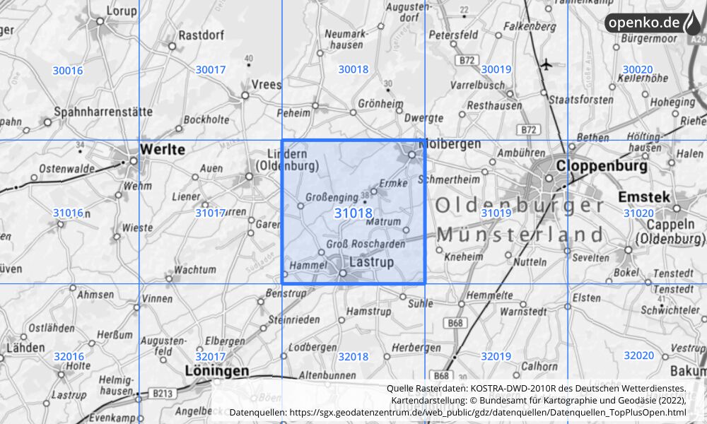 Übersichtskarte KOSTRA-DWD-2010R Rasterfeld Nr. 31018 mit angrenzenden Feldern