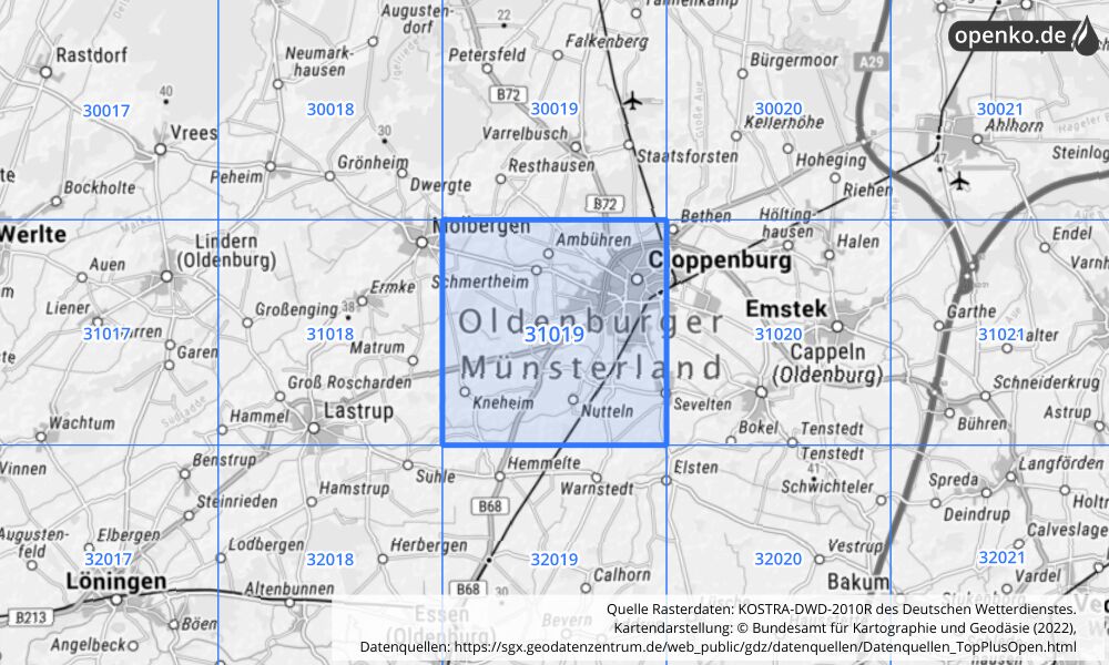 Übersichtskarte KOSTRA-DWD-2010R Rasterfeld Nr. 31019 mit angrenzenden Feldern