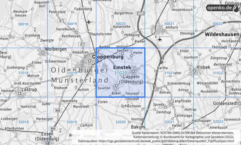 Übersichtskarte KOSTRA-DWD-2010R Rasterfeld Nr. 31020 mit angrenzenden Feldern