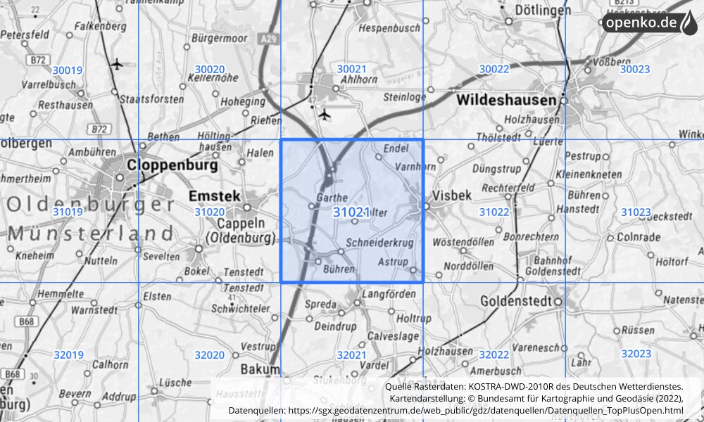 Übersichtskarte KOSTRA-DWD-2010R Rasterfeld Nr. 31021 mit angrenzenden Feldern