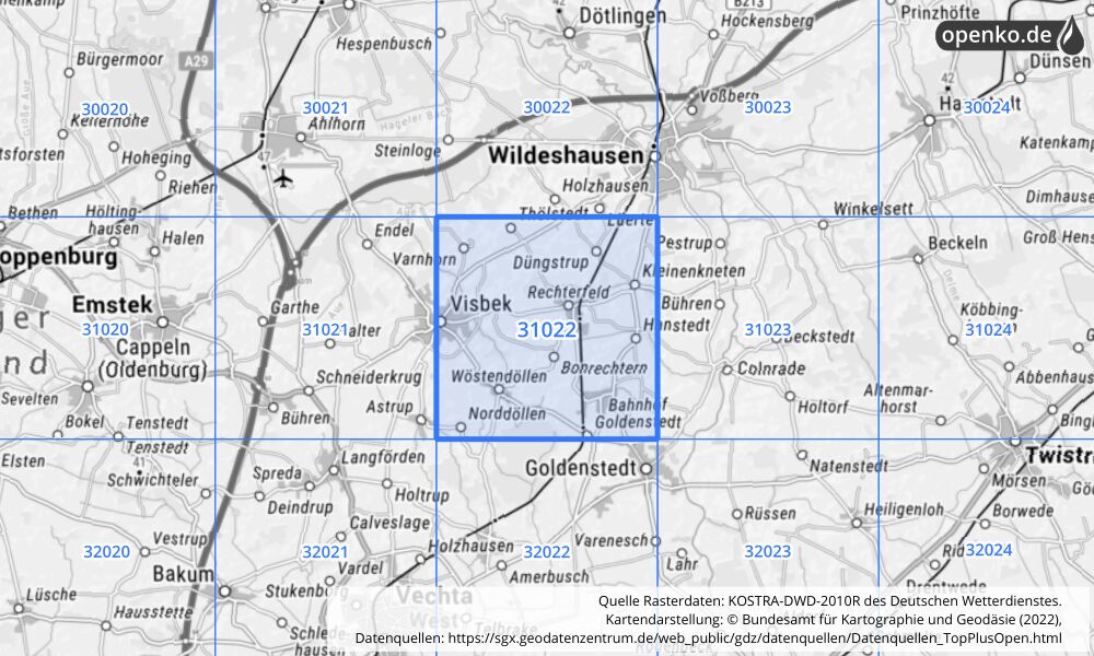 Übersichtskarte KOSTRA-DWD-2010R Rasterfeld Nr. 31022 mit angrenzenden Feldern