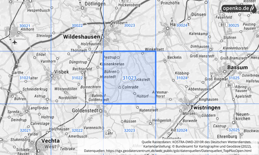 Übersichtskarte KOSTRA-DWD-2010R Rasterfeld Nr. 31023 mit angrenzenden Feldern