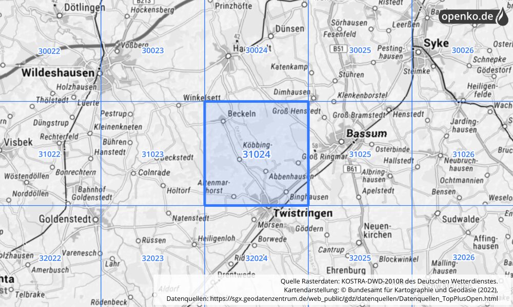 Übersichtskarte KOSTRA-DWD-2010R Rasterfeld Nr. 31024 mit angrenzenden Feldern