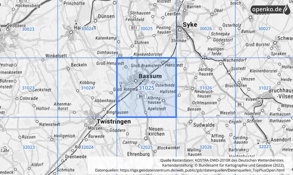 Übersichtskarte KOSTRA-DWD-2010R Rasterfeld Nr. 31025 mit angrenzenden Feldern