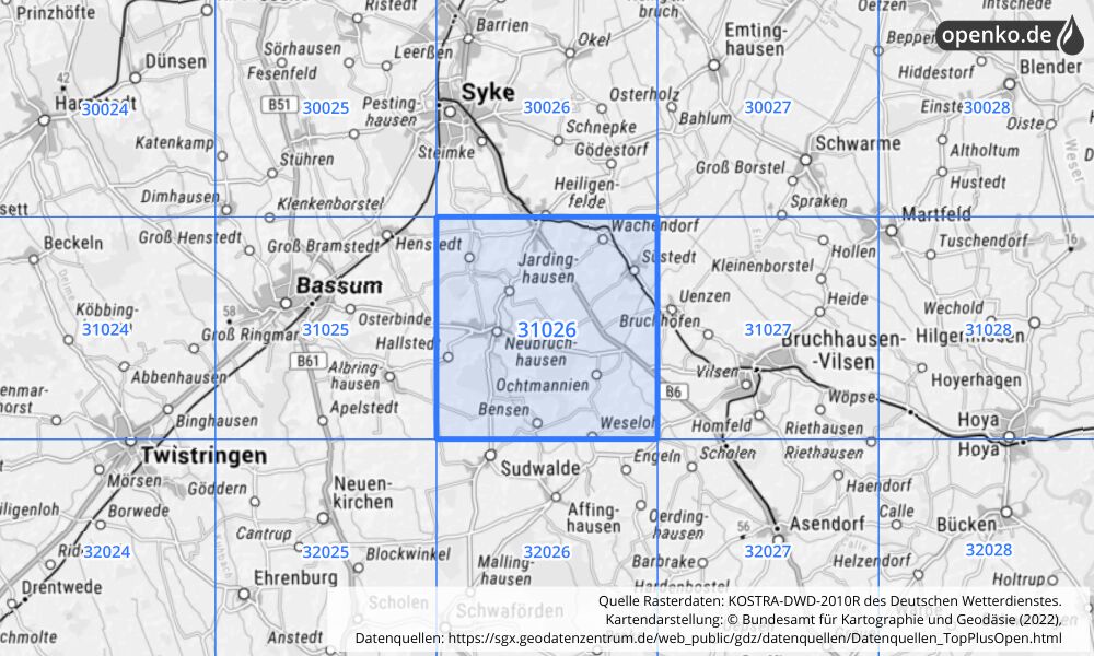 Übersichtskarte KOSTRA-DWD-2010R Rasterfeld Nr. 31026 mit angrenzenden Feldern