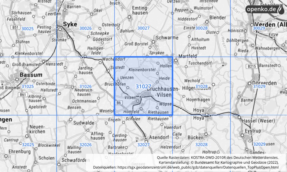 Übersichtskarte KOSTRA-DWD-2010R Rasterfeld Nr. 31027 mit angrenzenden Feldern