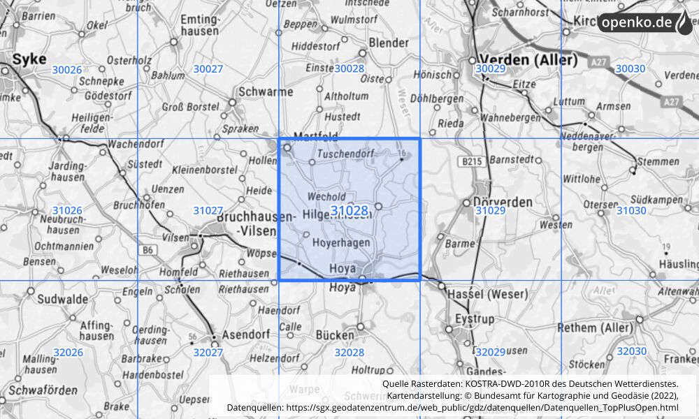 Übersichtskarte KOSTRA-DWD-2010R Rasterfeld Nr. 31028 mit angrenzenden Feldern