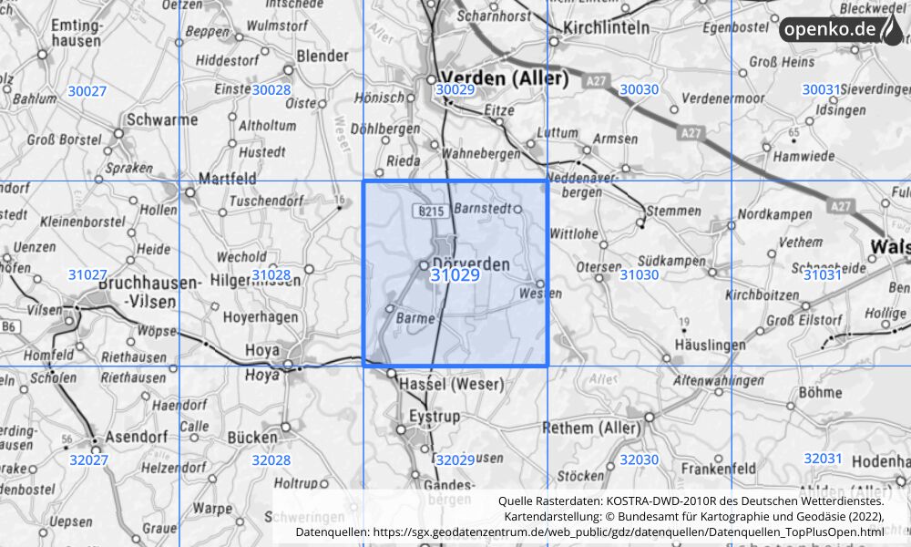 Übersichtskarte KOSTRA-DWD-2010R Rasterfeld Nr. 31029 mit angrenzenden Feldern