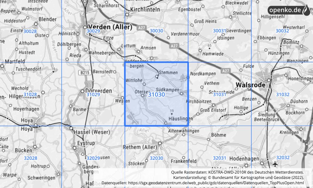 Übersichtskarte KOSTRA-DWD-2010R Rasterfeld Nr. 31030 mit angrenzenden Feldern