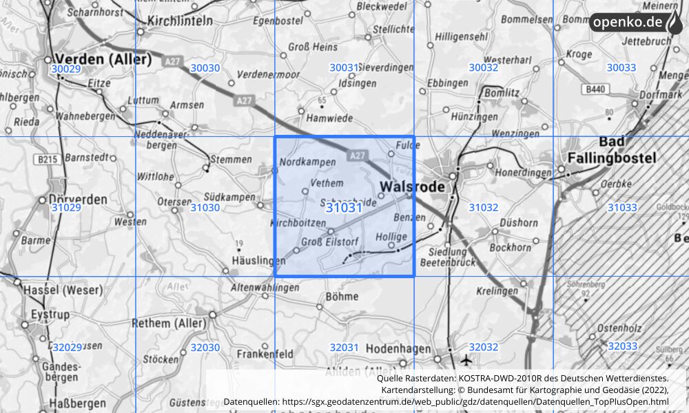 Übersichtskarte KOSTRA-DWD-2010R Rasterfeld Nr. 31031 mit angrenzenden Feldern