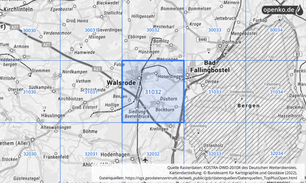 Übersichtskarte KOSTRA-DWD-2010R Rasterfeld Nr. 31032 mit angrenzenden Feldern