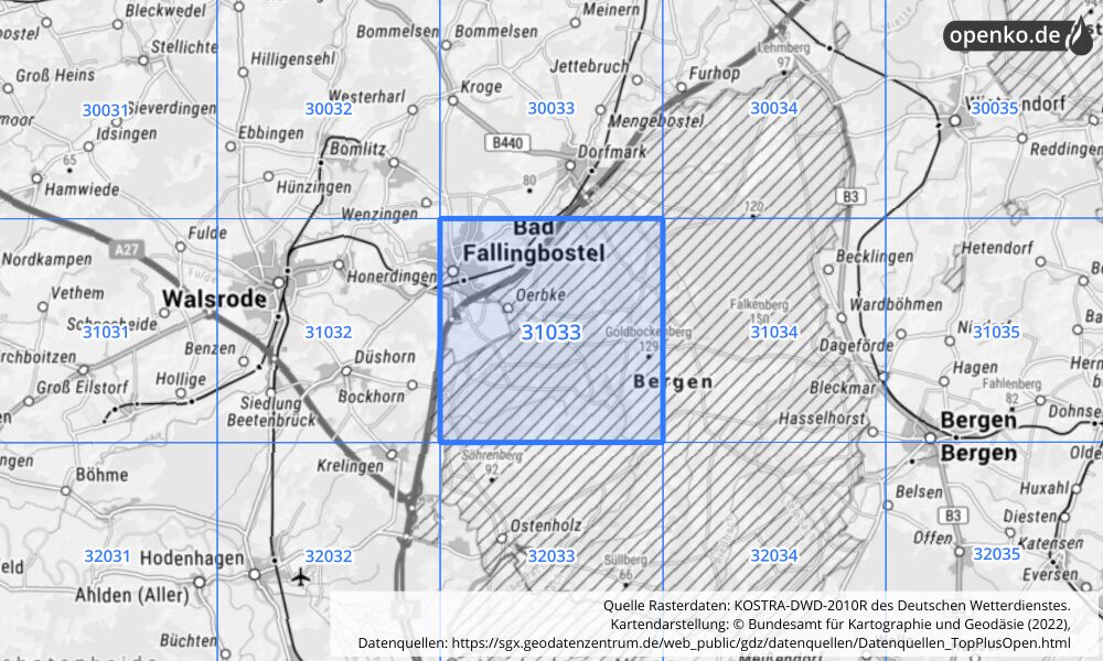 Übersichtskarte KOSTRA-DWD-2010R Rasterfeld Nr. 31033 mit angrenzenden Feldern