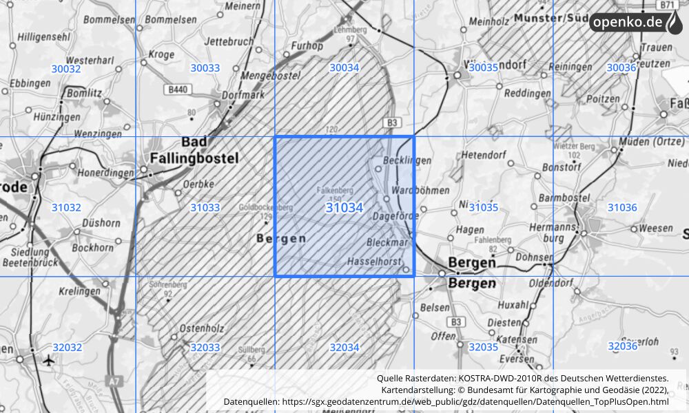 Übersichtskarte KOSTRA-DWD-2010R Rasterfeld Nr. 31034 mit angrenzenden Feldern